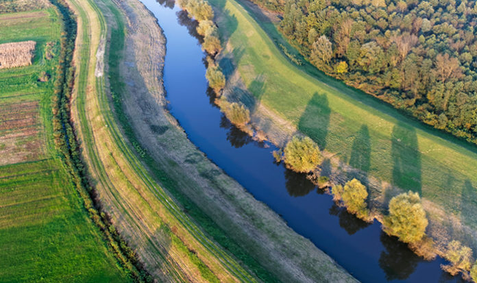 Regulated river with the dikes in Croatia; Photo by goran_safarek via Shutterstock license